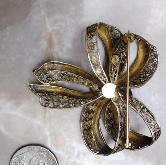 Antique sterling silver,gold plated filigree brooch